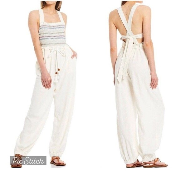 Free People Womens Medium Smocked Jumpsuit Boho Jogger Tie Waist Strappy Relaxed - Picture 2 of 14